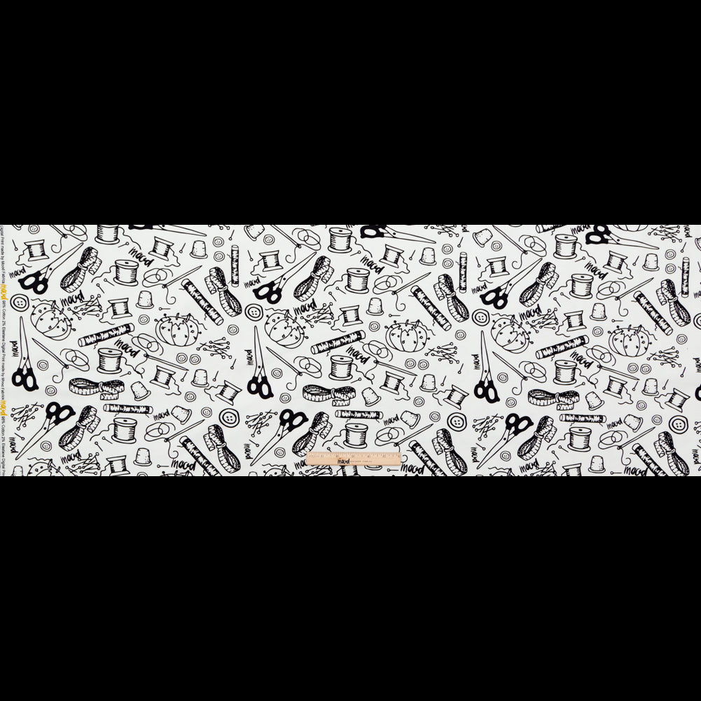 Stretch Carbon Brush Twill - White and Black Sewing Supplies - Sewing Knick Knacks Print - Mood Exclusive Haberdashery Collection