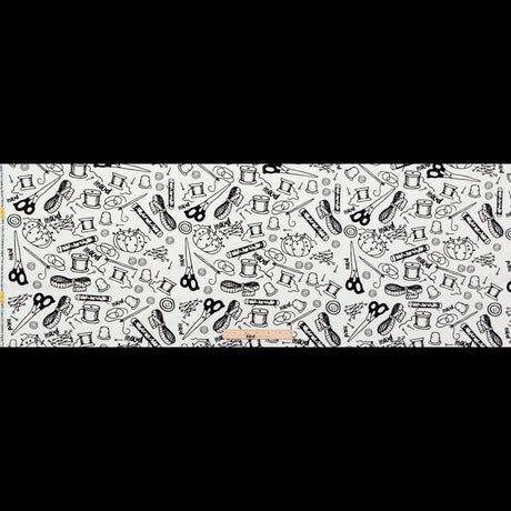 Stretch Carbon Brush Twill - White and Black Sewing Supplies - Sewing Knick Knacks Print - Mood Exclusive Haberdashery Collection
