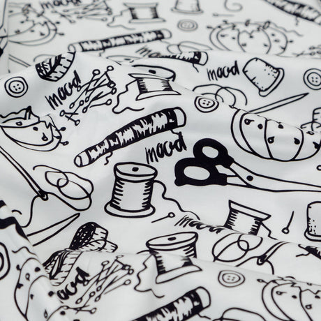 Stretch Carbon Brush Twill - White and Black Sewing Supplies - Sewing Knick Knacks Print - Mood Exclusive Haberdashery Collection