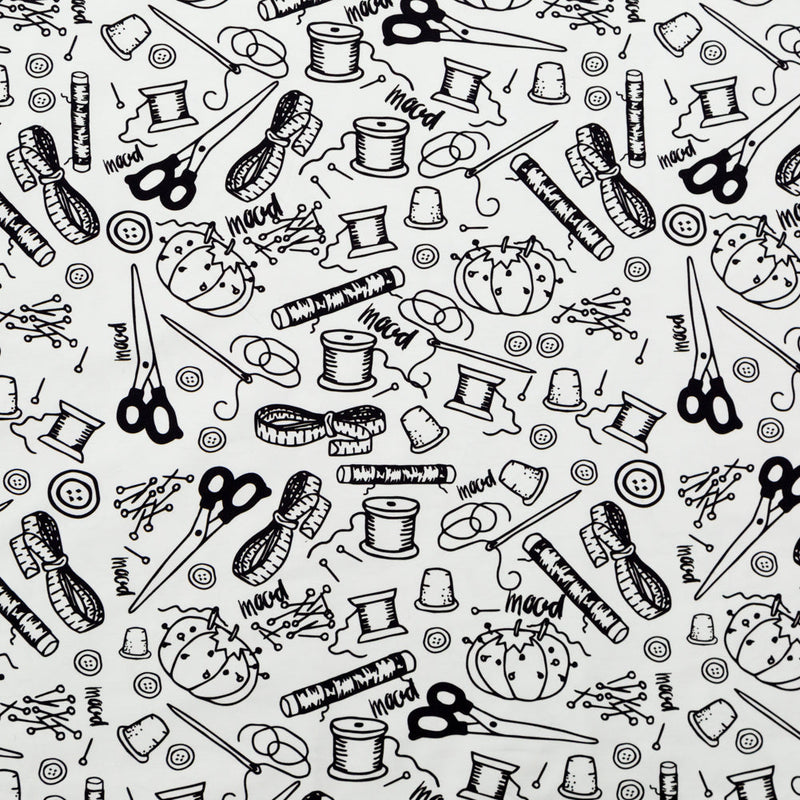 Stretch Carbon Brush Twill - White and Black Sewing Supplies - Sewing Knick Knacks Print - Mood Exclusive Haberdashery Collection