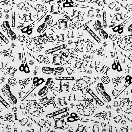 Stretch Carbon Brush Twill - White and Black Sewing Supplies - Sewing Knick Knacks Print - Mood Exclusive Haberdashery Collection
