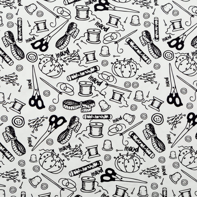 Stretch Carbon Brush Twill - White and Black Sewing Supplies - Sewing Knick Knacks Print - Mood Exclusive Haberdashery Collection