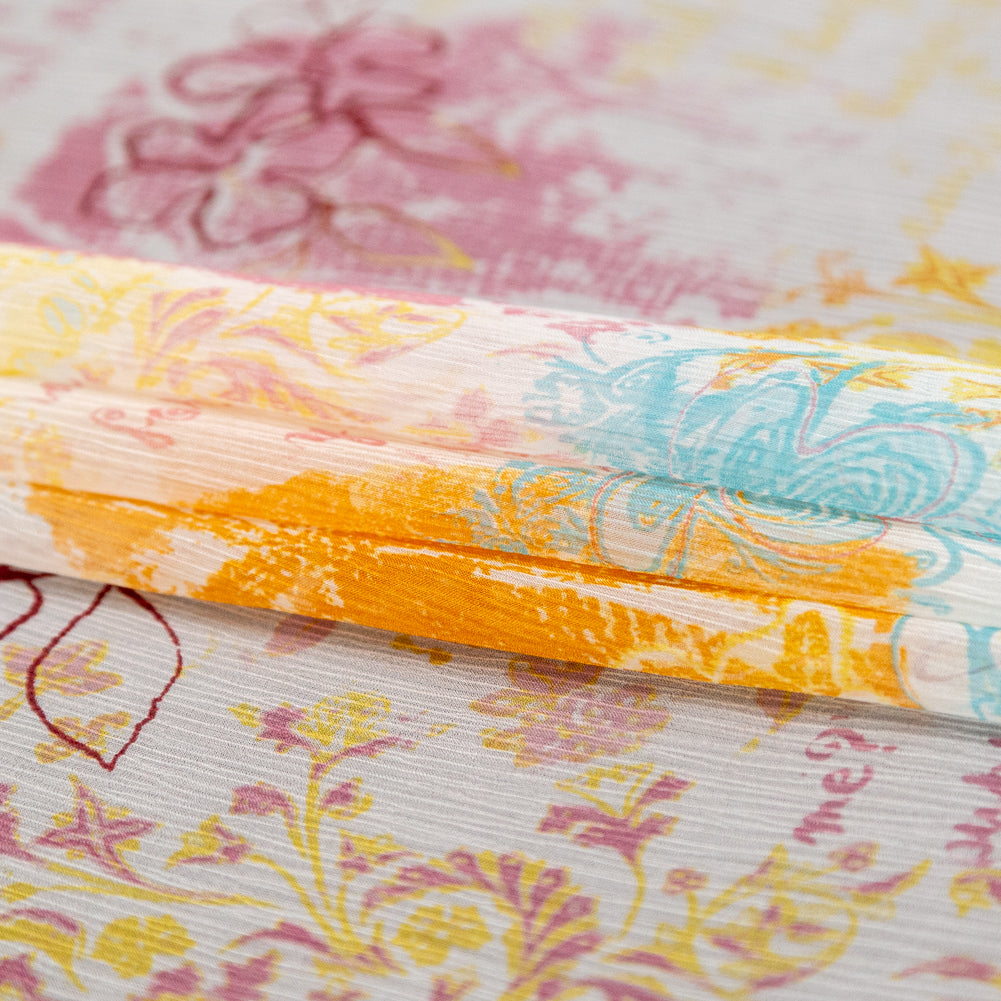 Orange, Pink and Blue Floral Crinkled Silk Chiffon