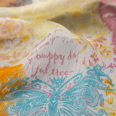 Orange, Pink and Blue Floral Crinkled Silk Chiffon