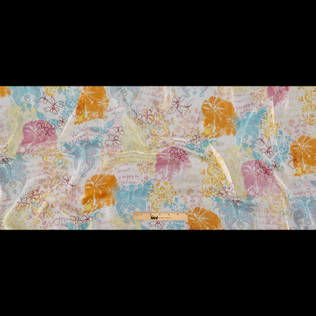 Orange, Pink and Blue Floral Crinkled Silk Chiffon