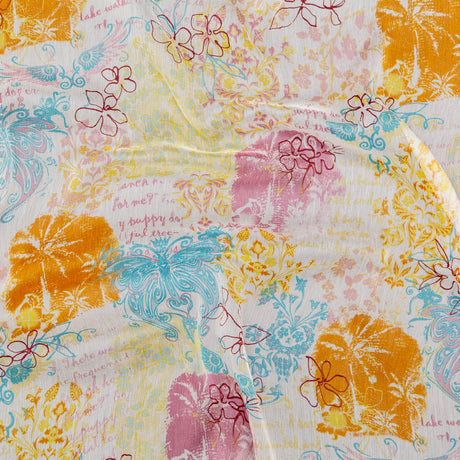 Orange, Pink and Blue Floral Crinkled Silk Chiffon