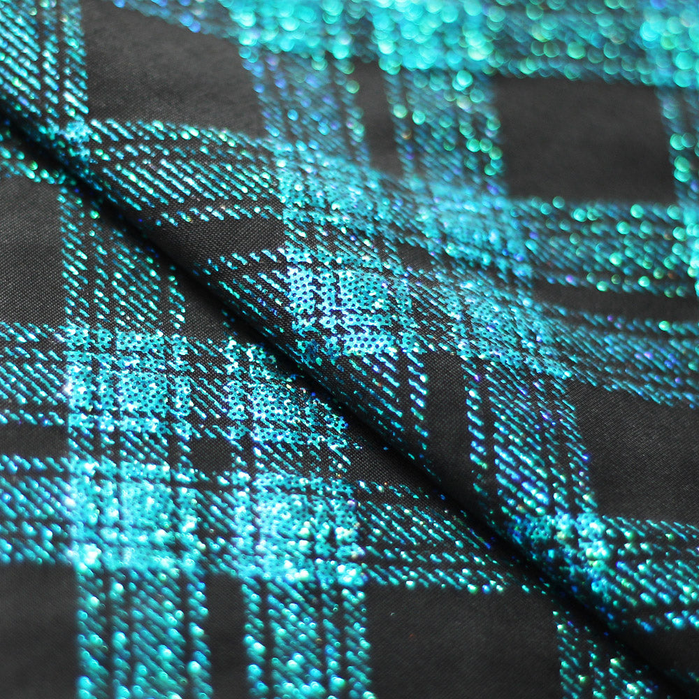 Starlight Plaid Polyester Spandex Fabric - Holographic Plaid, Turquoise, Black With Silver, Black With Gold, Black, 58/60" Width (1 Yard)