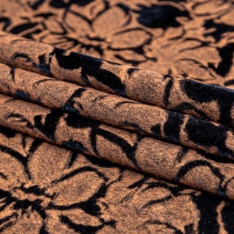 Floral Bonded Wool Knit and Velour - Apricot Buff and Black