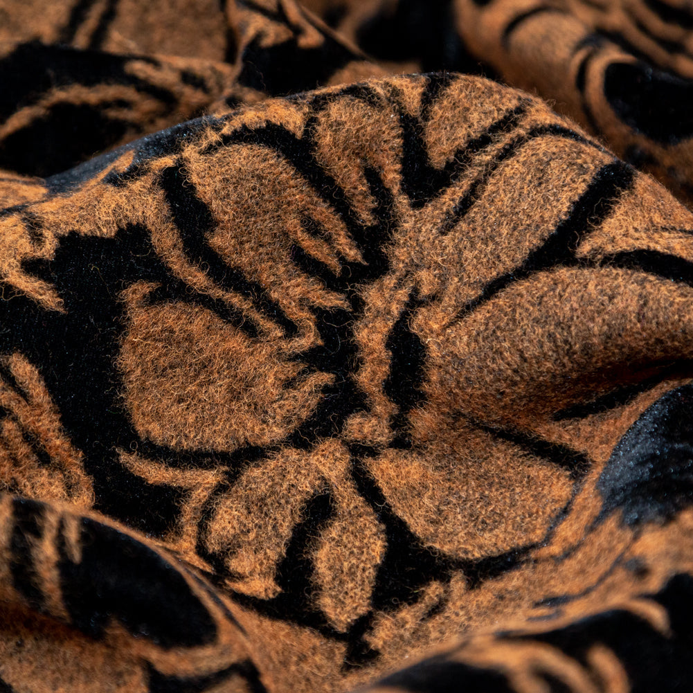 Floral Bonded Wool Knit and Velour - Apricot Buff and Black