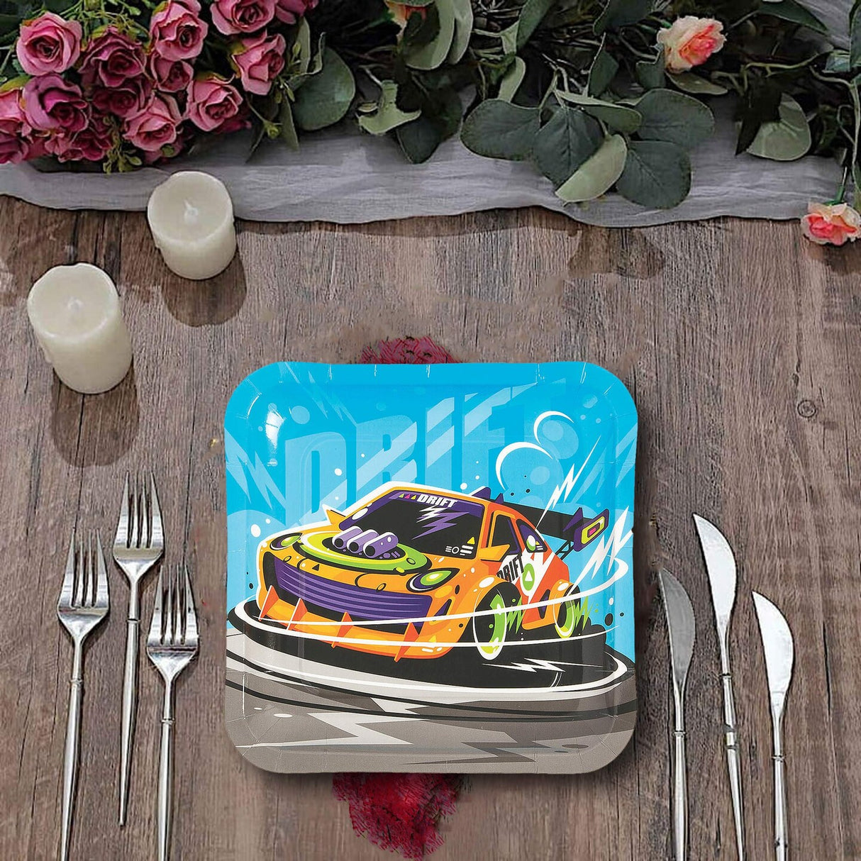 8 Count Orange Race Car Square Paper Dinner Plates 9" Kids Birthday Party