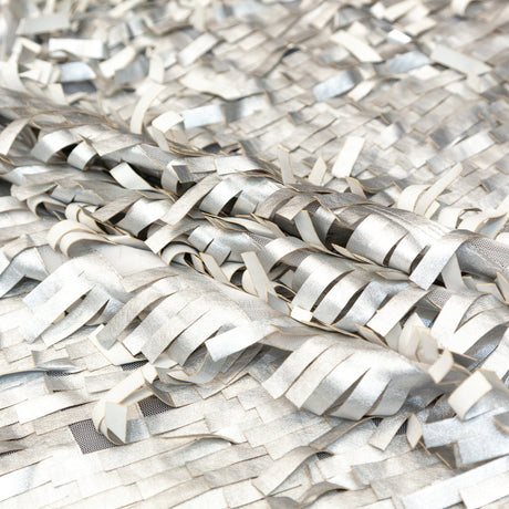 Faux Leather Fringe Fabric on a Mesh Backing - Metallic Silver on White