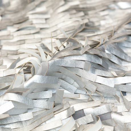 Faux Leather Fringe Fabric on a Mesh Backing - Metallic Silver on White