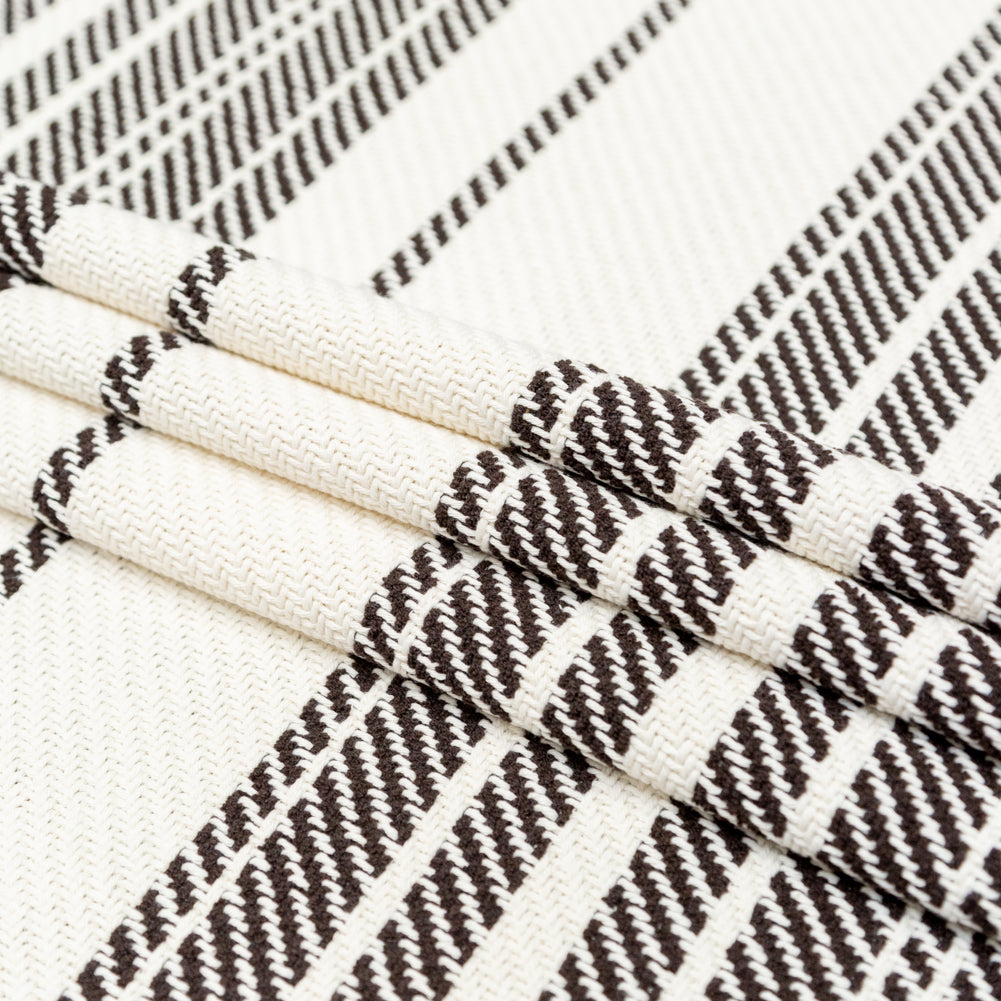 Off-White and Dark Brown Striped Loosely Woven Cotton Twill