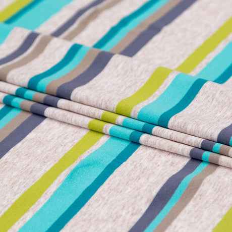 Turquoise, Lime and Taupe Barcode Striped Rayon Jersey