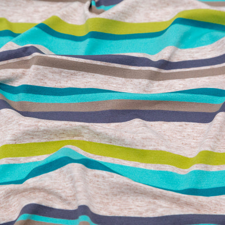 Turquoise, Lime and Taupe Barcode Striped Rayon Jersey