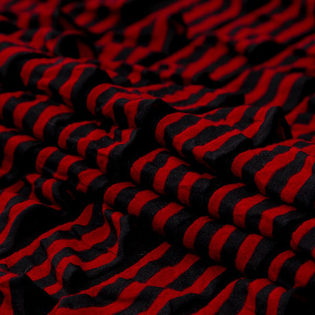 Black Polyester Jersey with Red and Black Bengal Striped Ruffles