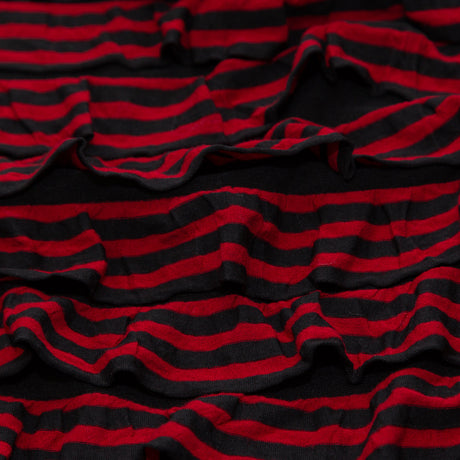 Black Polyester Jersey with Red and Black Bengal Striped Ruffles