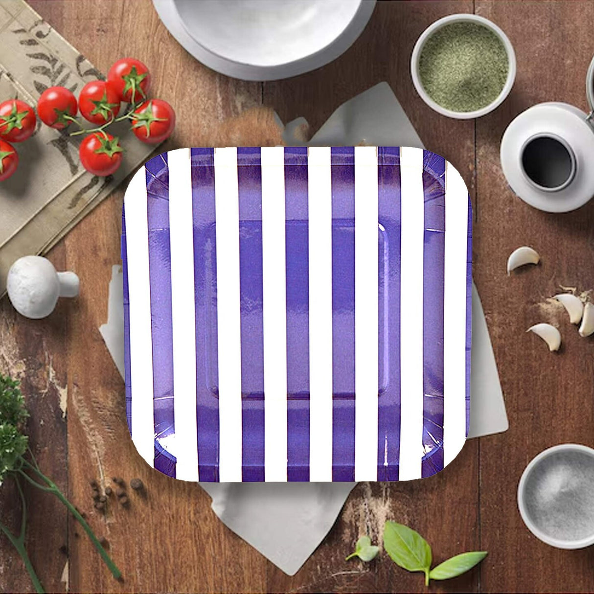 8 Ct. Purple Striped Square Paper Dessert Plates Bold Party Tableware 7 1/4"