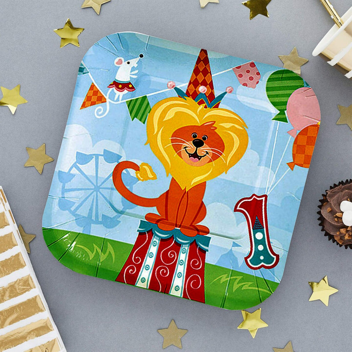 8 Ct. 1st Birthday Circus Dessert Plates Colorful Lion Theme Party Plates 7 1/4"