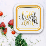 8 Count Oh Baby Gold Hello World Square Dessert Plates 7" Baby Shower Paper Plates