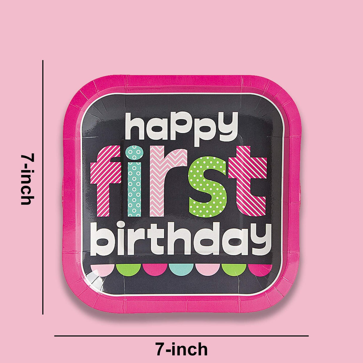 8 Ct. Pink Chalkboard 1st Birthday Dessert Plates Square 7"