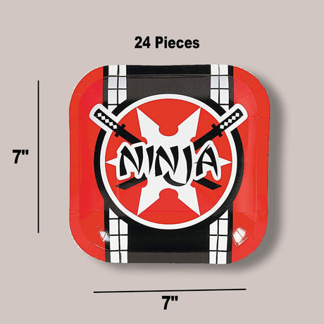 8 Ct Ninja Warrior Party Dessert Plates 7" Square Red & Black Ninja Star Design