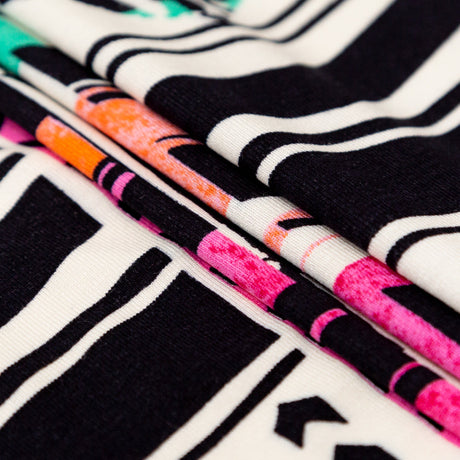 Black, Orange and Pink Geometric Printed Rayon Jersey