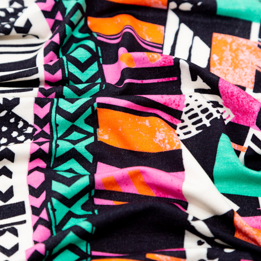 Black, Orange and Pink Geometric Printed Rayon Jersey