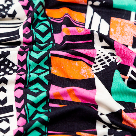 Black, Orange and Pink Geometric Printed Rayon Jersey