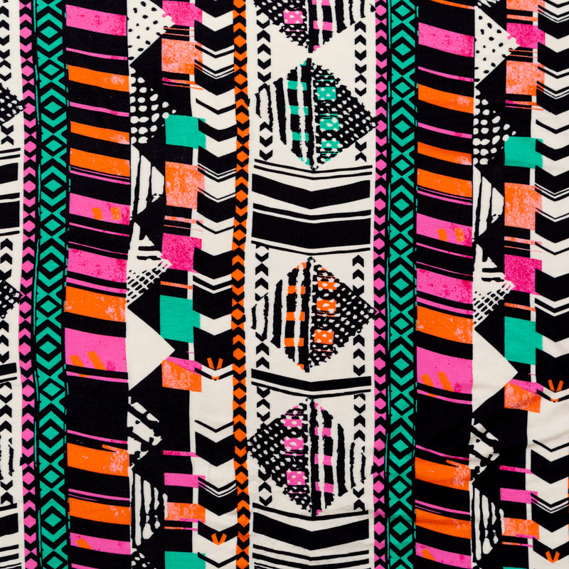 Black, Orange and Pink Geometric Printed Rayon Jersey
