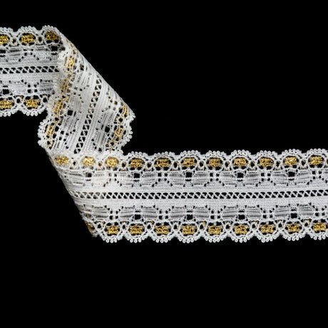 European White and Metallic Gold Stretch Lace Trim with Double Scalloped Edges - 1.125"