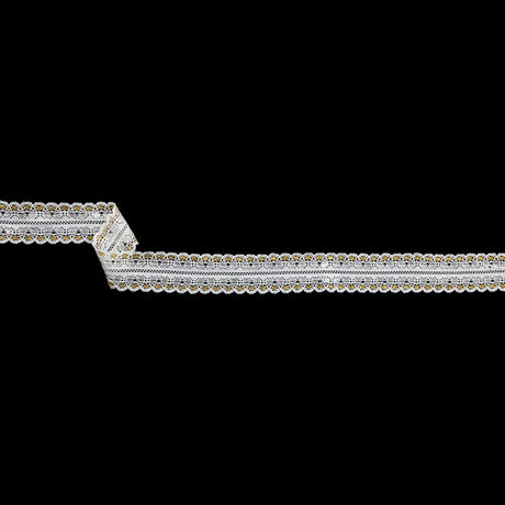 European White and Metallic Gold Stretch Lace Trim with Double Scalloped Edges - 1.125"