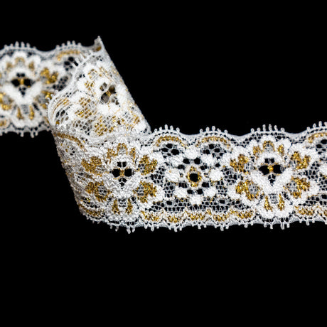 European White and Metallic Gold Stretch Lace Trim with Double Scalloped Edges - 1.25"