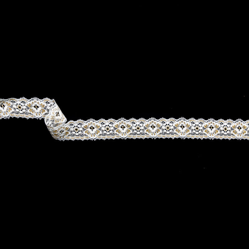 European White and Metallic Gold Stretch Lace Trim with Double Scalloped Edges - 1.25"