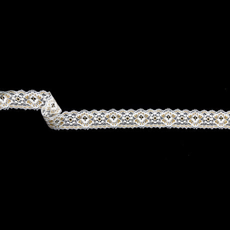 European White and Metallic Gold Stretch Lace Trim with Double Scalloped Edges - 1.25"