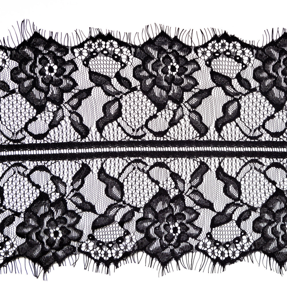 European Black Floral Scalloped Eyelash Lace Trim - 7.75"