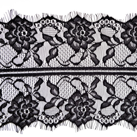 European Black Floral Scalloped Eyelash Lace Trim - 7.75"