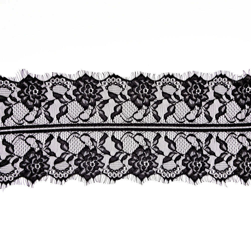 European Black Floral Scalloped Eyelash Lace Trim - 7.75"