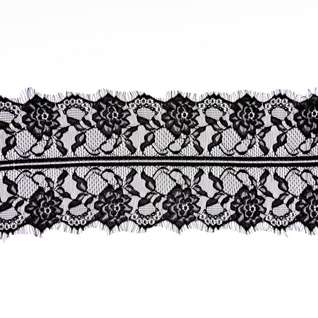 European Black Floral Scalloped Eyelash Lace Trim - 7.75"