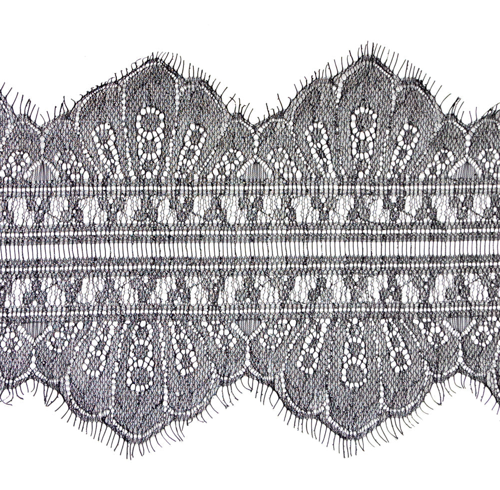 European Black and Metallic Silver Chantilly Eyelash Lace Trim - 7.25"