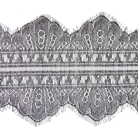 European Black and Metallic Silver Chantilly Eyelash Lace Trim - 7.25"
