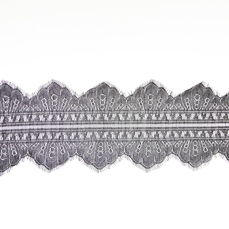European Black and Metallic Silver Chantilly Eyelash Lace Trim - 7.25"