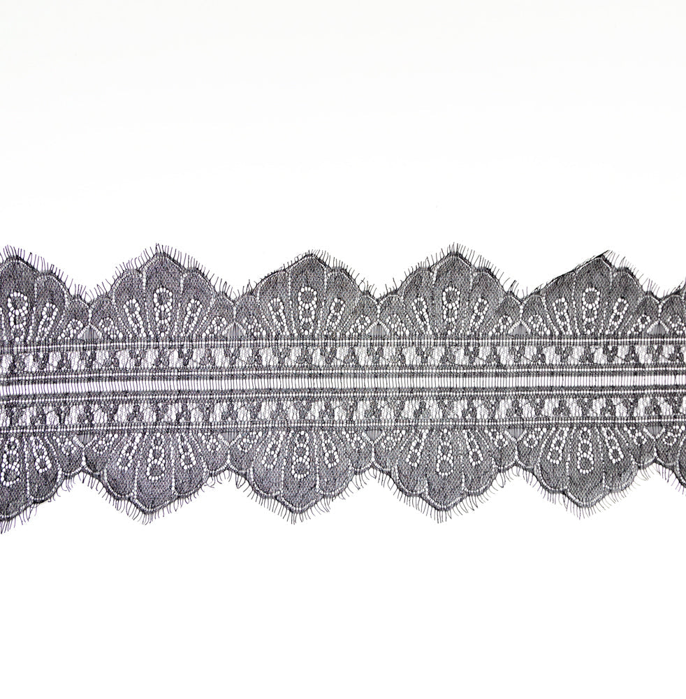 European Black and Metallic Silver Chantilly Eyelash Lace Trim - 7.25"