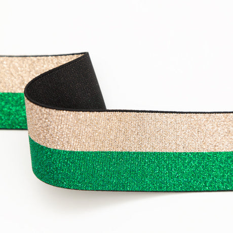 Italian Metallic Green and Gold Striped Elastic Ribbon - 1.625"