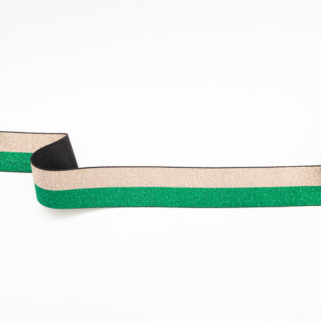 Italian Metallic Green and Gold Striped Elastic Ribbon - 1.625"