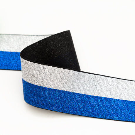Italian Metallic Blue and Silver Striped Elastic Ribbon - 1.625"