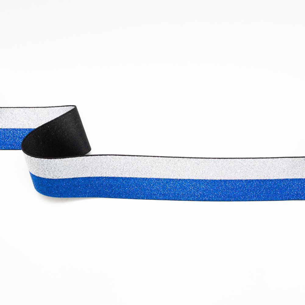 Italian Metallic Blue and Silver Striped Elastic Ribbon - 1.625"