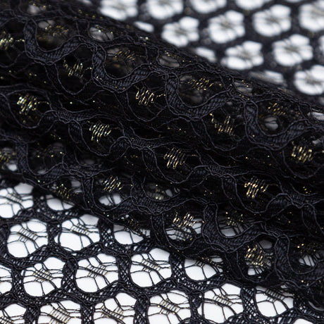 Stretch Corded Chantilly Lace - Metallic Gold and Black Geometric