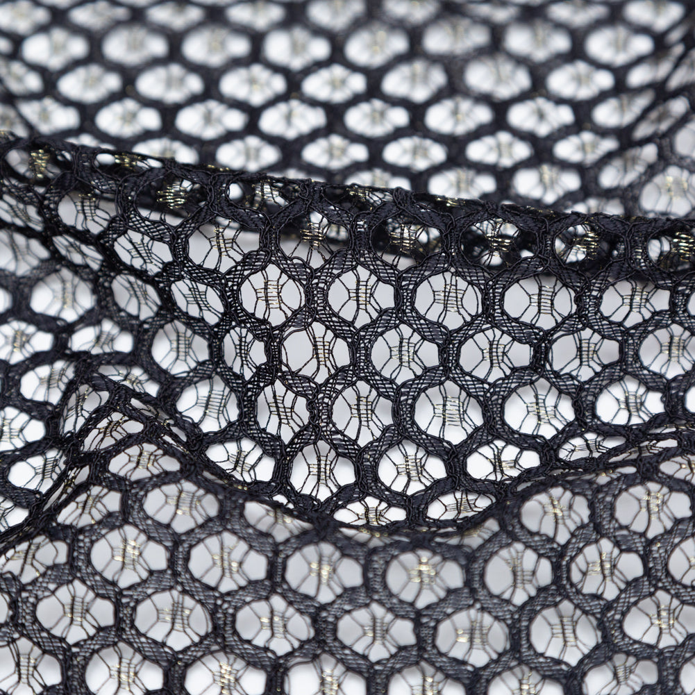 Stretch Corded Chantilly Lace - Metallic Gold and Black Geometric