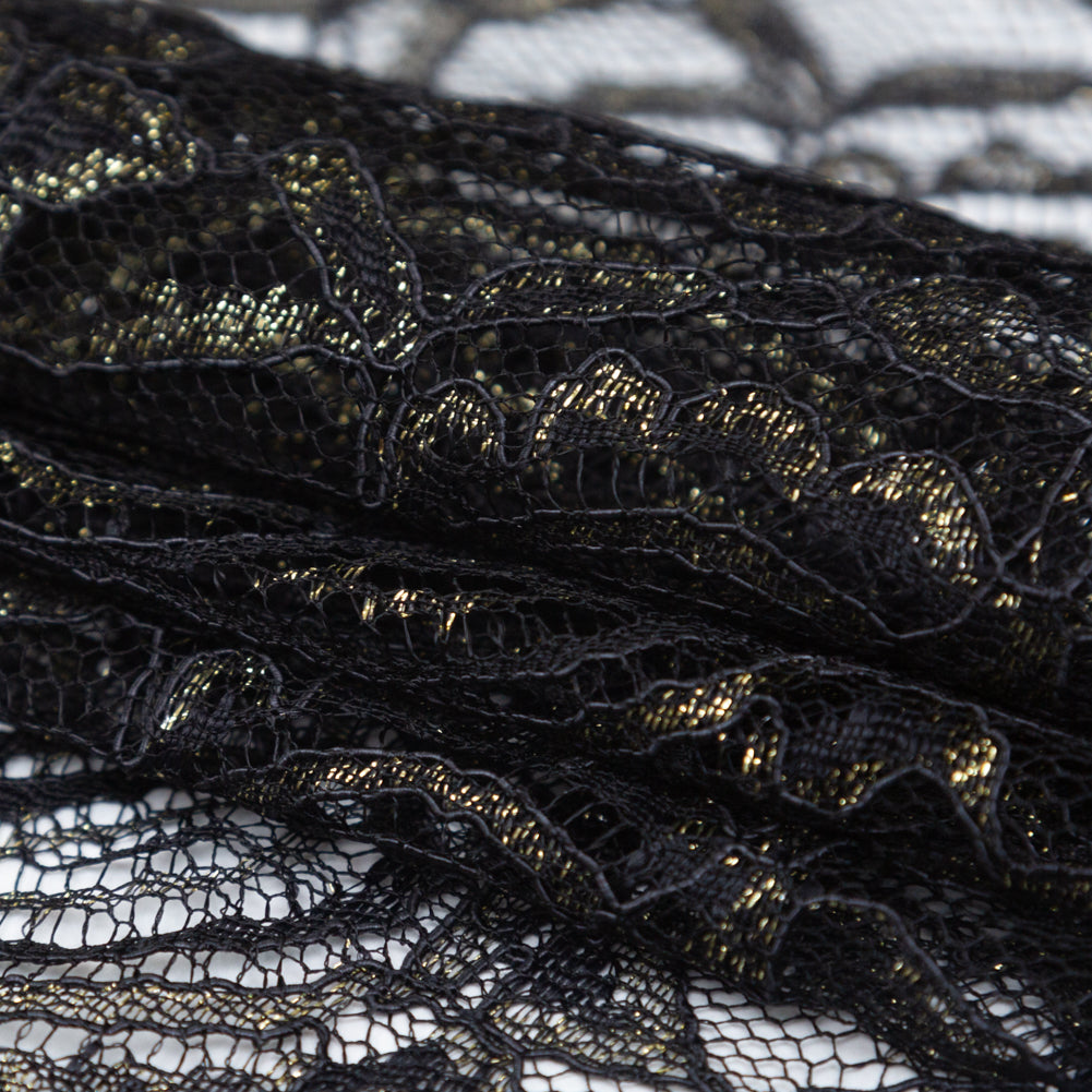 Stretch Corded Chantilly Lace - Metallic Gold and Black Paisley